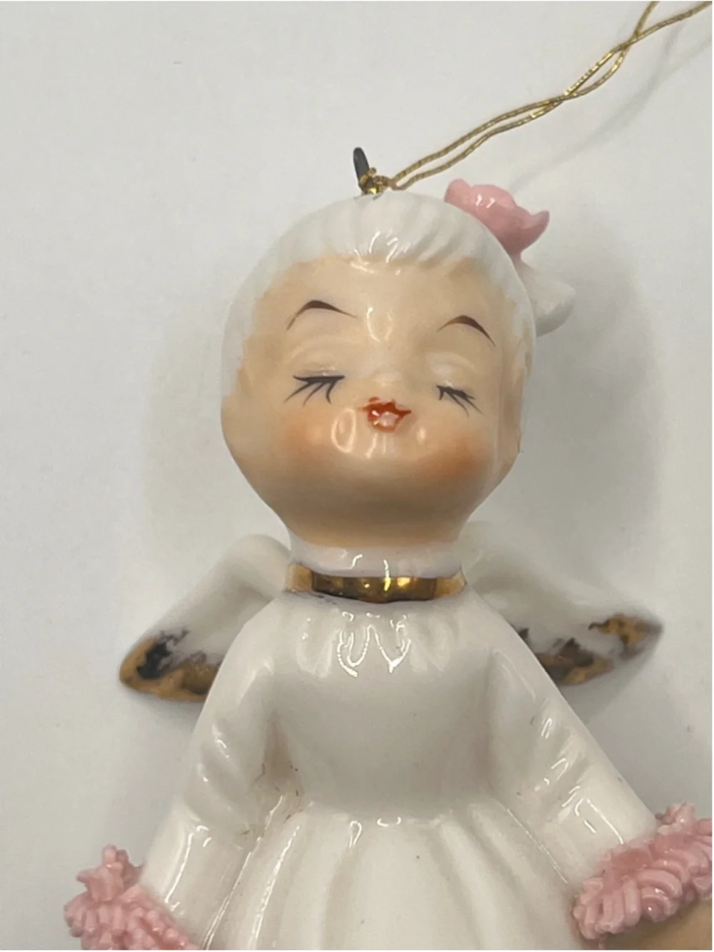 2 Vintage Ceramic Angel Christmas Ornaments Sleeping Blue Pink Japan Mid Century